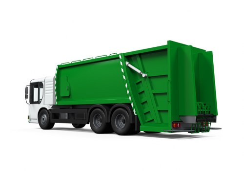 A large commercial waste collection truck painted in green and white, with a prominent green refuse body mounted on a black chassis, parked on an outdoor paved surface. The truck features a hydraulic lifting mechanism on its rear, designed for emptying waste bins, and has a rear access door with securing latches. The background is plain white, highlighting the clean and shiny exterior finish of the vehicle, which appears to be part of a waste management fleet operable for rubbish collection services. The overall scene emphasizes the vehicle's capacity for waste handling, indicative of services offered by Commercial Waste Fitzrovia in the London area, with the vehicle positioned to suggest readiness for urban rubbish removal tasks near Fitzrovia, a district known for its commercial activities. The setting’s minimal background focuses attention entirely on the features of the waste collection vehicle, reflecting professional rubbish removal capabilities in the central London postcode region.